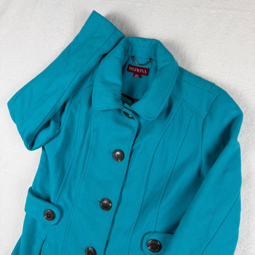 Merona Womens Teal Blue Wool Blend Button Front Pea Coat Jacket Size Medium